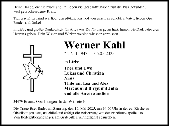 Todesanzeige von Werner Kahl von HNA