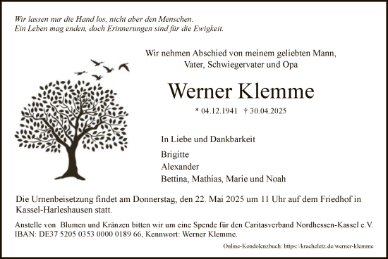 Todesanzeige von Werner Klemme von HNA