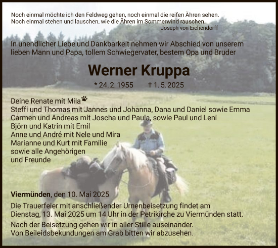 Todesanzeige von Werner Kruppa von HNA