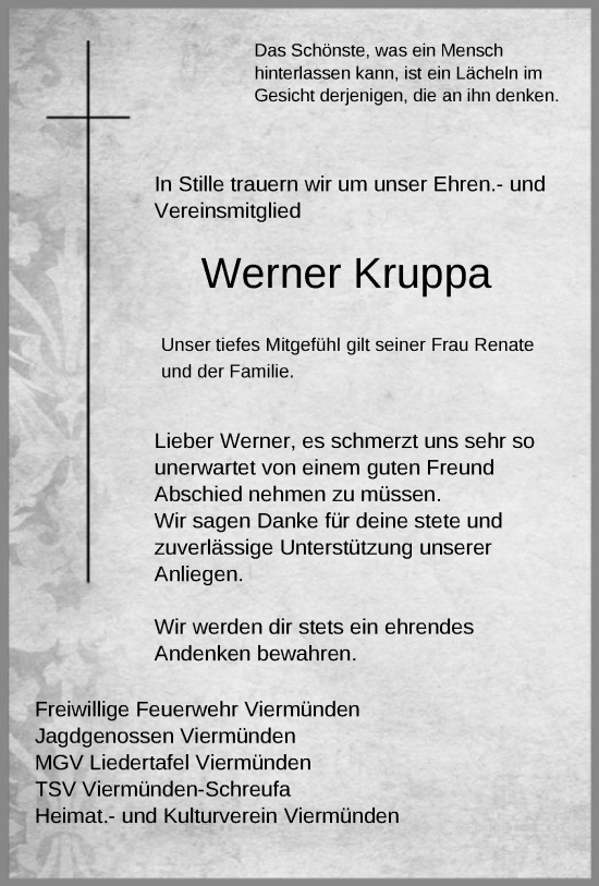 Todesanzeige von Werner Kruppa von HNA