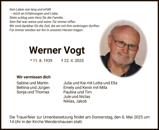 Todesanzeige von Werner Vogt von HNA