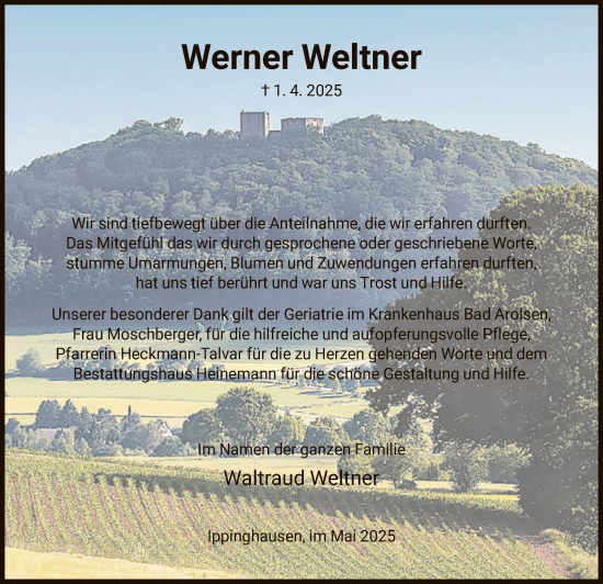 Todesanzeige von Werner Weltner von HNA