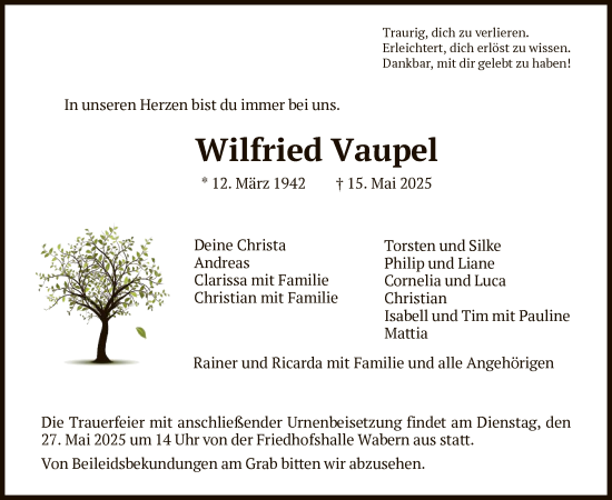 Todesanzeige von Wilfried Vaupel von HNA