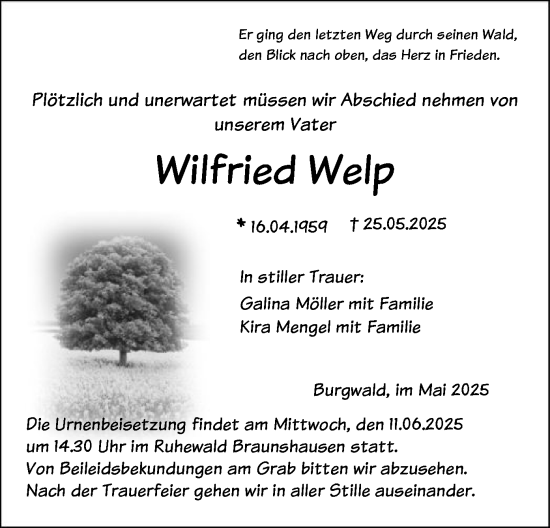 Todesanzeige von Wilfried Welp von HNA