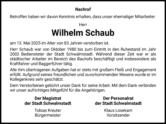 Todesanzeige von Wilhelm Schaub von HNA