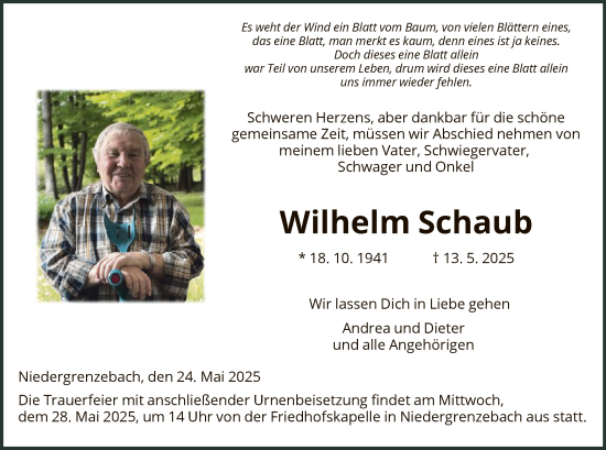 Todesanzeige von Wilhelm Schaub von HNA