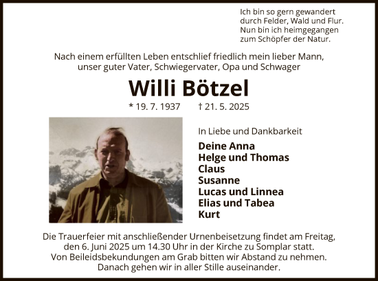 Todesanzeige von Willi Bötzel von HNA