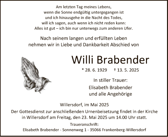 Todesanzeige von Willi Brabender von HNA