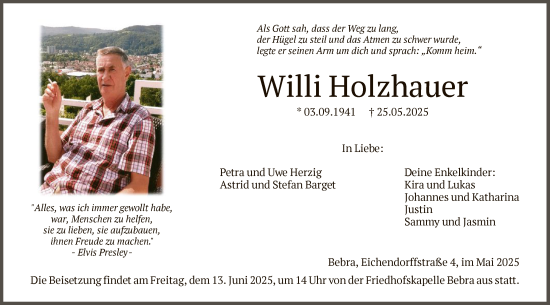 Todesanzeige von Willi Holzhauer von HNA