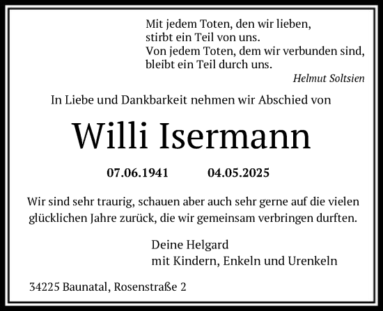 Todesanzeige von Willi Isermann von HNA