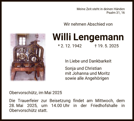 Todesanzeige von Willi Lengemann von HNA
