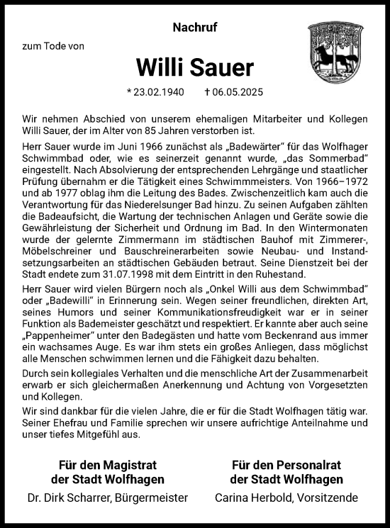Todesanzeige von Willi Sauer von HNA