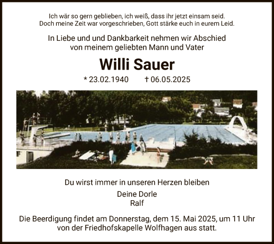 Todesanzeige von Willi Sauer von HNA