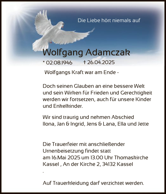 Todesanzeige von Wolfgang Adamczak von HNA