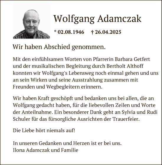 Todesanzeige von Wolfgang Adamczak von HNA