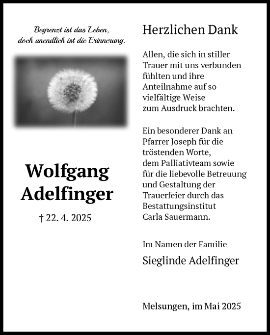 Todesanzeige von Wolfgang Adelfinger von HNA