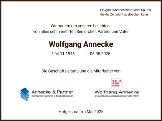 Todesanzeige von Wolfgang Annecke von HNAHNA