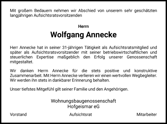 Todesanzeige von Wolfgang Annecke von HNA