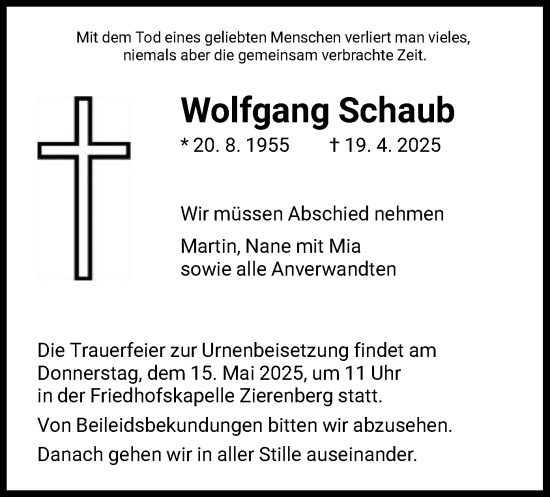 Todesanzeige von Wolfgang Schaub von HNA