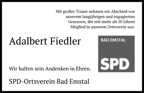 Todesanzeige von Adalbert Fiedler von HNA