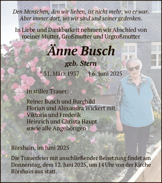 Todesanzeige von Änne Busch von HNA