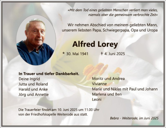 Todesanzeige von Alfred Lorey von HNA