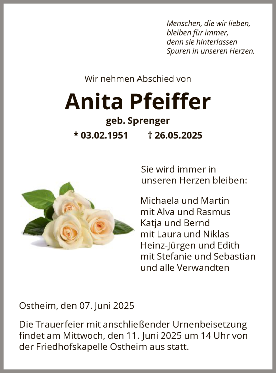 Todesanzeige von Anita Pfeiffer von HNA