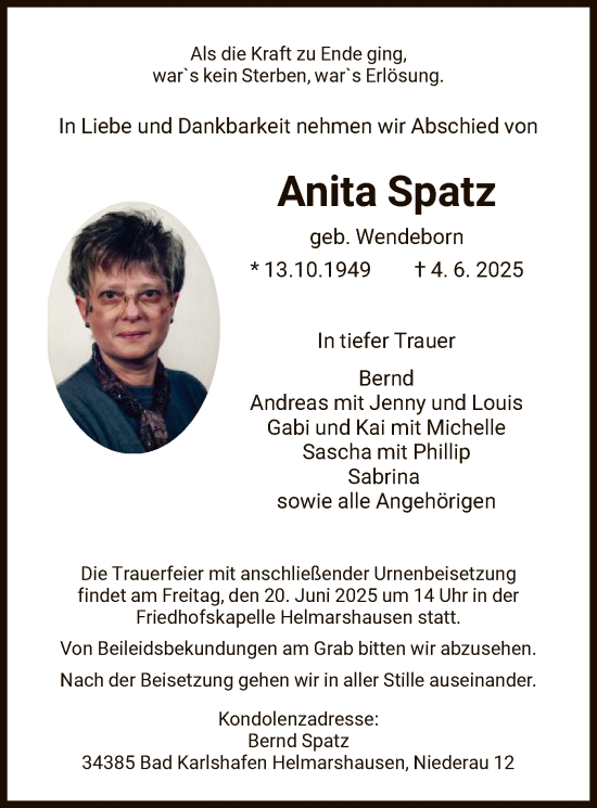 Todesanzeige von Anita Spatz von HNA
