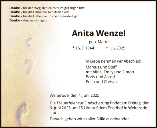 Todesanzeige von Anita Wenzel von HNA