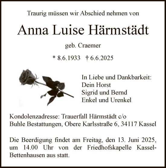 Todesanzeige von Anna Luise Härmstädt von HNA