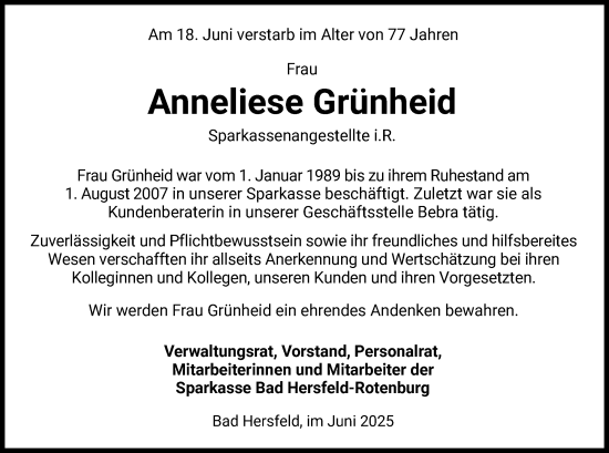 Todesanzeige von Anneliese Grünheid von HNA