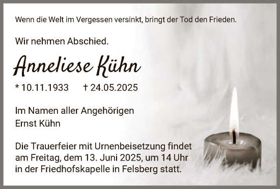 Todesanzeige von Anneliese Kühn von HNA