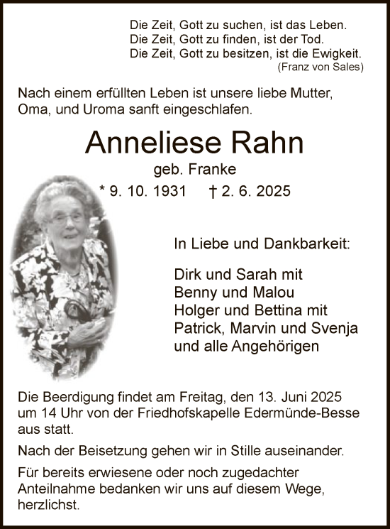 Todesanzeige von Anneliese Rahn von HNA