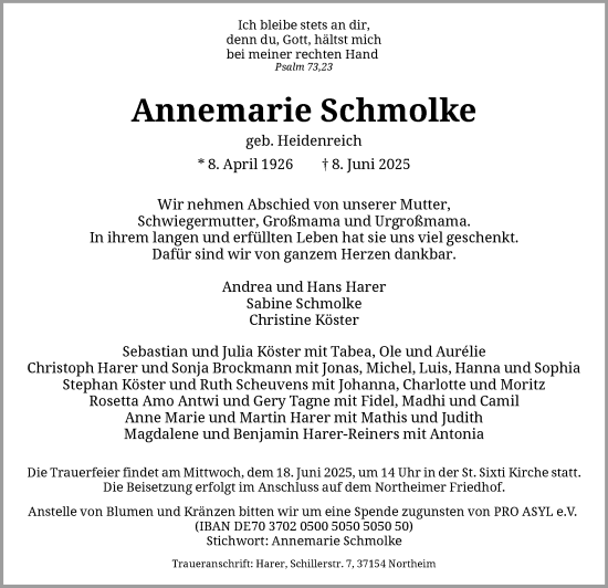 Todesanzeige von Annemarie Schmolke von HNA