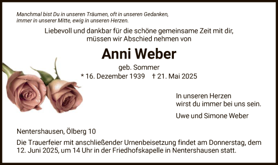 Todesanzeige von Anni Weber von HNA