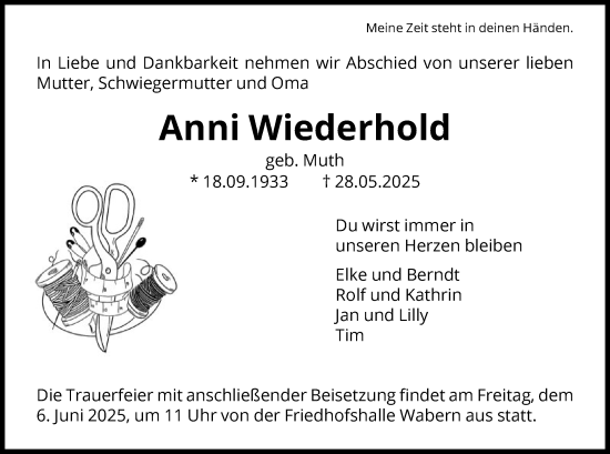 Todesanzeige von Anni Wiederhold von HNAHNA