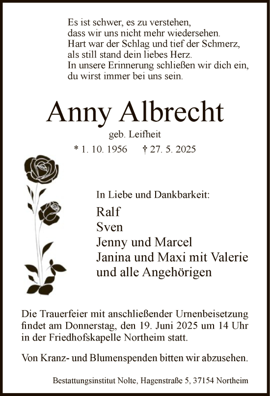 Todesanzeige von Anny Albrecht von HNA