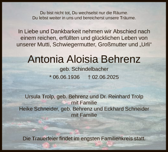 Todesanzeige von Antonia Aloisia Behrenz von HNA