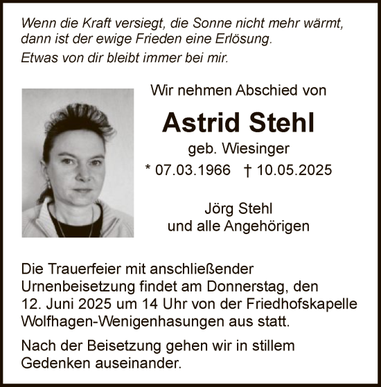 Todesanzeige von Astrid Stehl von HNA