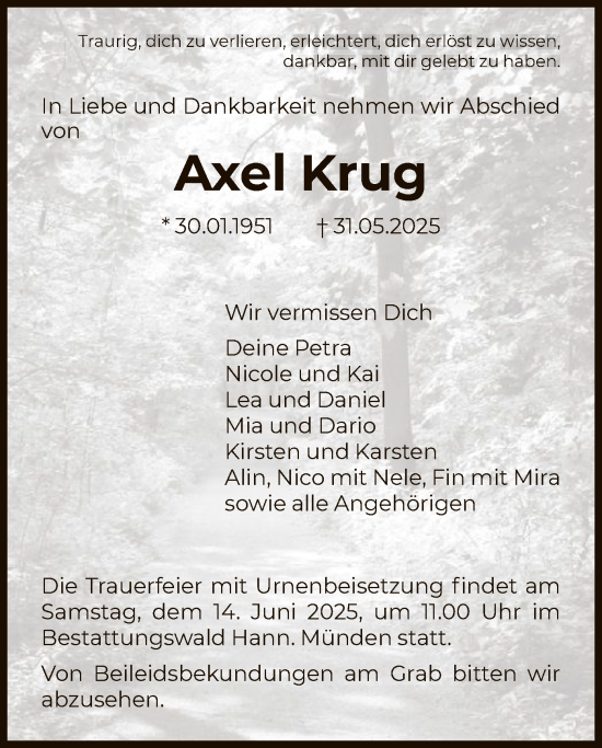Todesanzeige von Axel Krug von HNA