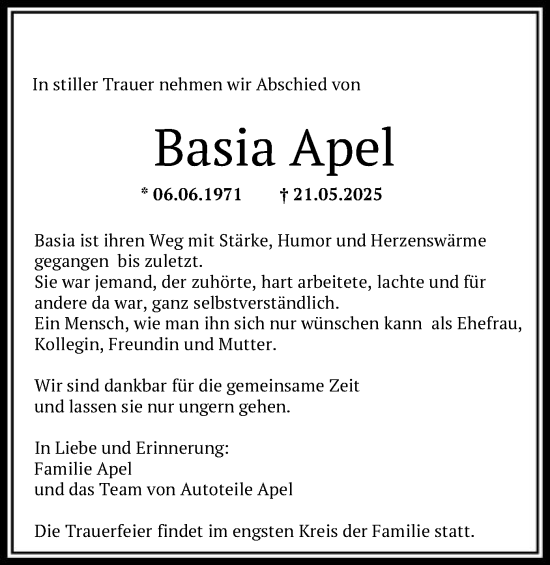 Todesanzeige von Basia Apel von HNA