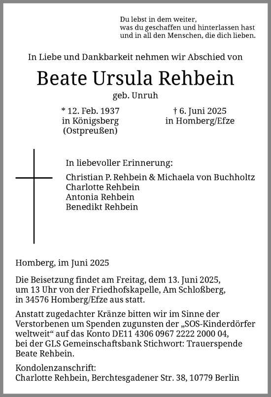 Todesanzeige von Beate Ursula Rehbein von HNA