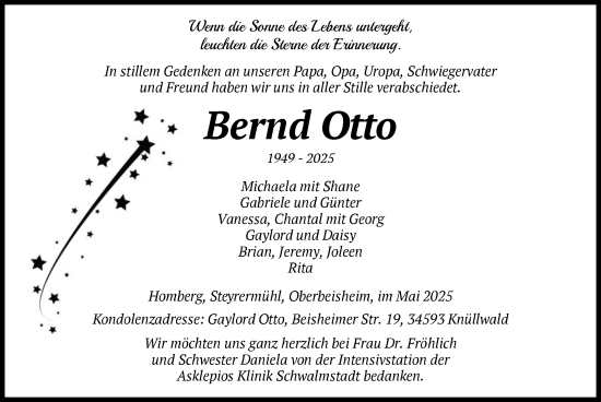 Todesanzeige von Bernd Otto von HNA