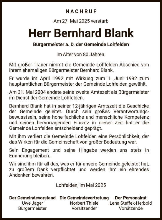 Todesanzeige von Bernhard Blank von HNA