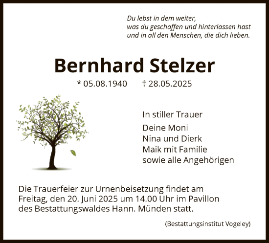 Todesanzeige von Bernhard Stelzer von HNA
