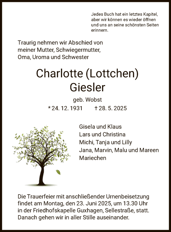 Todesanzeige von Charlotte Giesler von HNA