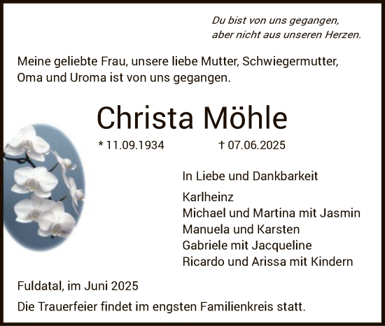 Todesanzeige von Christa Möhle von HNA