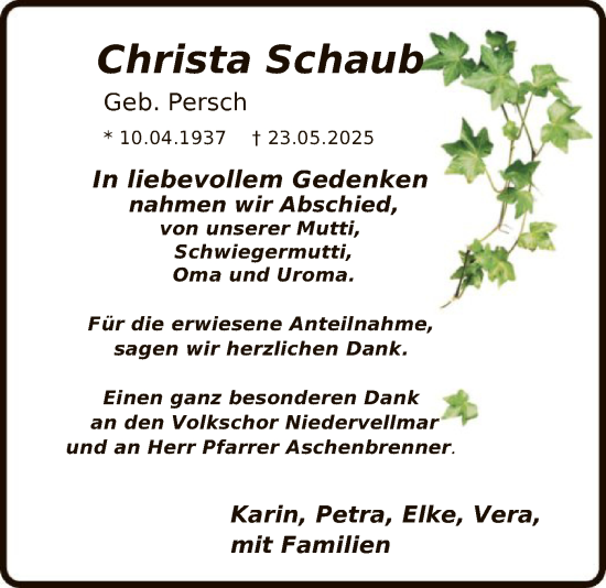 Todesanzeige von Christa Schaub von HNA