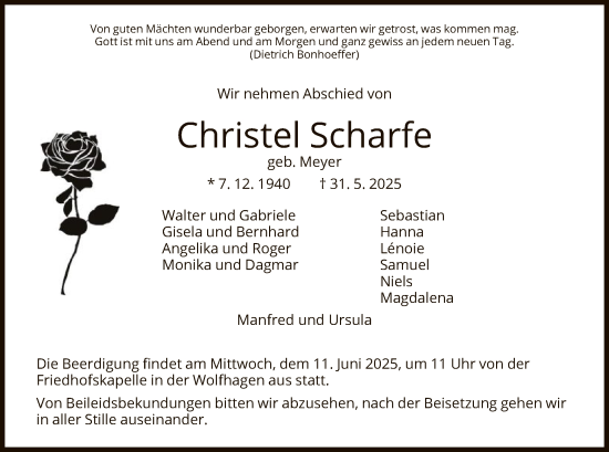 Todesanzeige von Christel Scharfe von HNA
