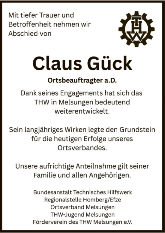 Todesanzeige von Claus Gück von HNA
